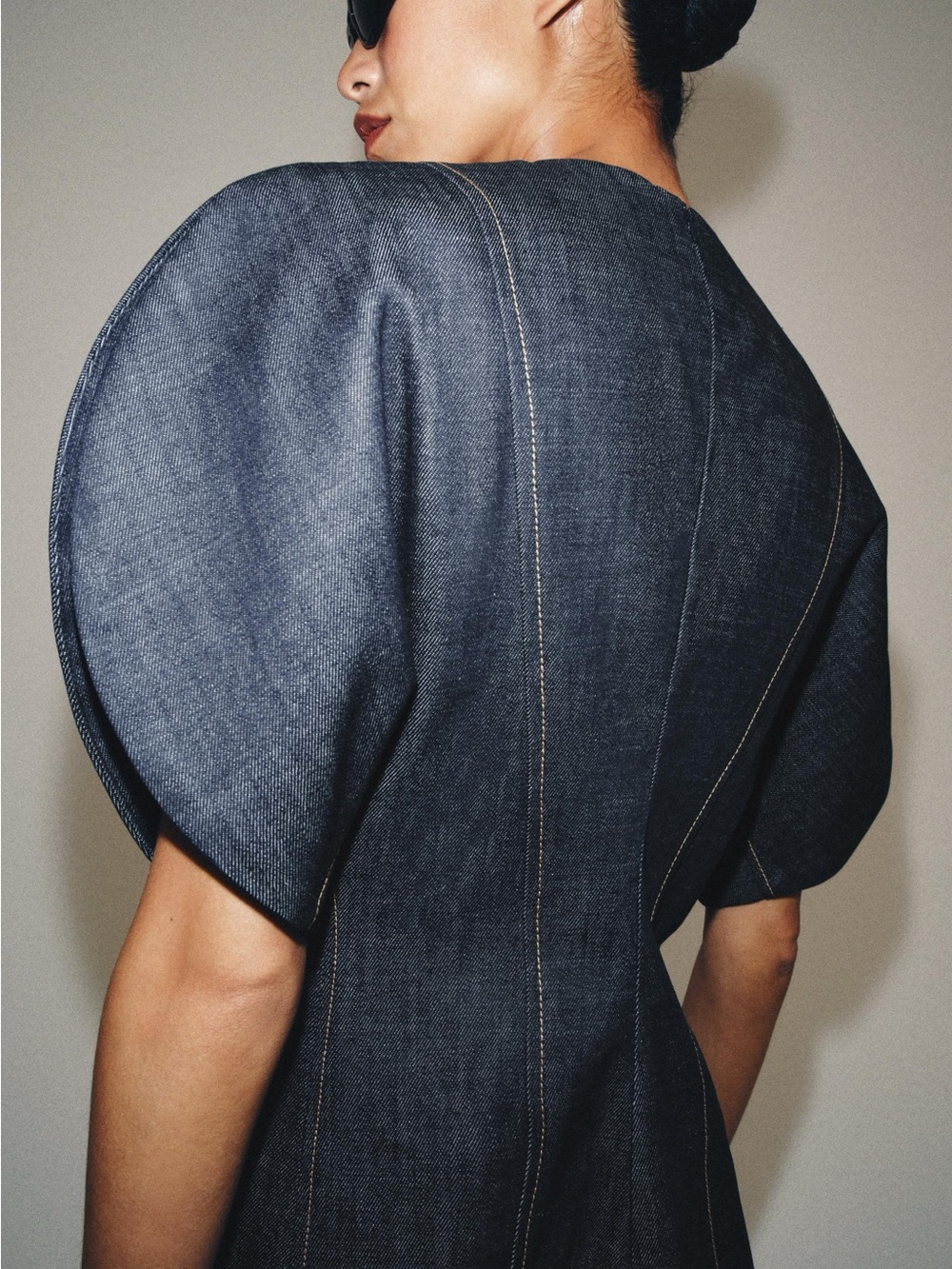 Zara ZW Collection Puff Sleeve Denim Blouse Dark Indigo Blue NWT